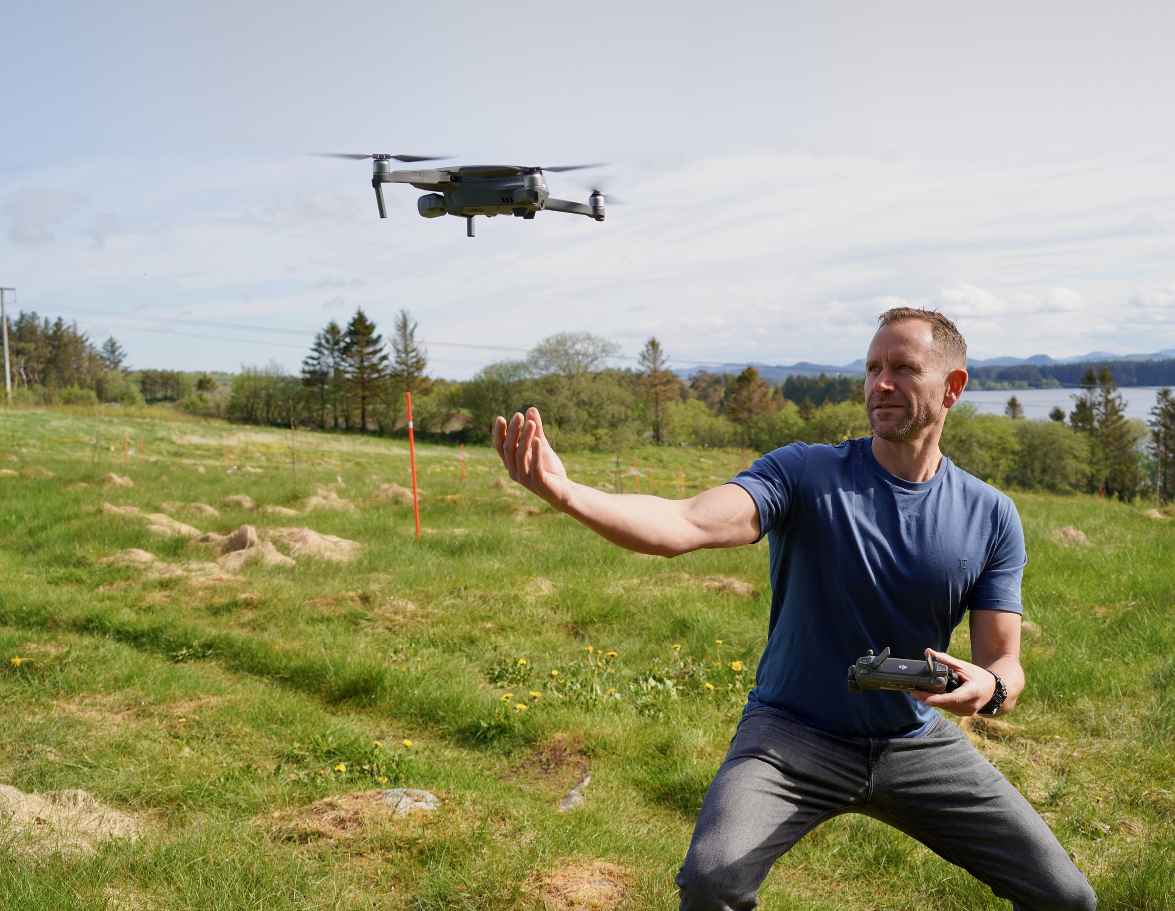 Paul Rhys launching a drone in Bryne, Norway
