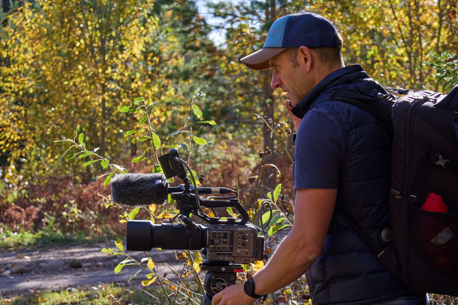 Paul Rhys filming with a Sony FX6 in a Swedish forest