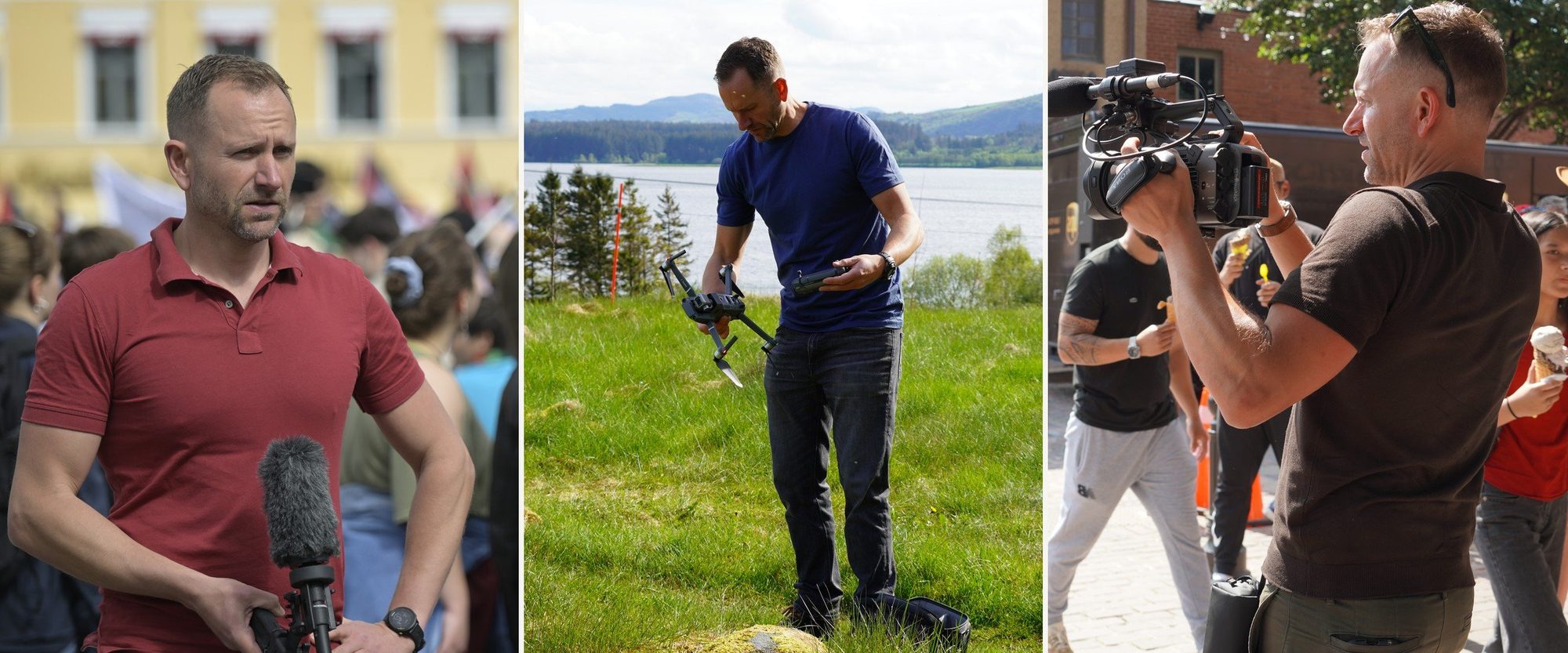 Paul Rhys reporting to camera, flying a drone and filming in the field in Scandinavia